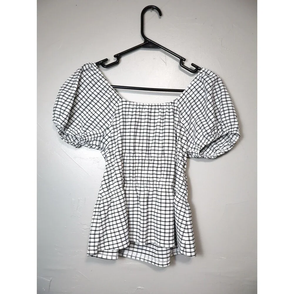 Madewell #NJ808 Omaha Black & White Gingham Puff Sleeve Bouse Medium